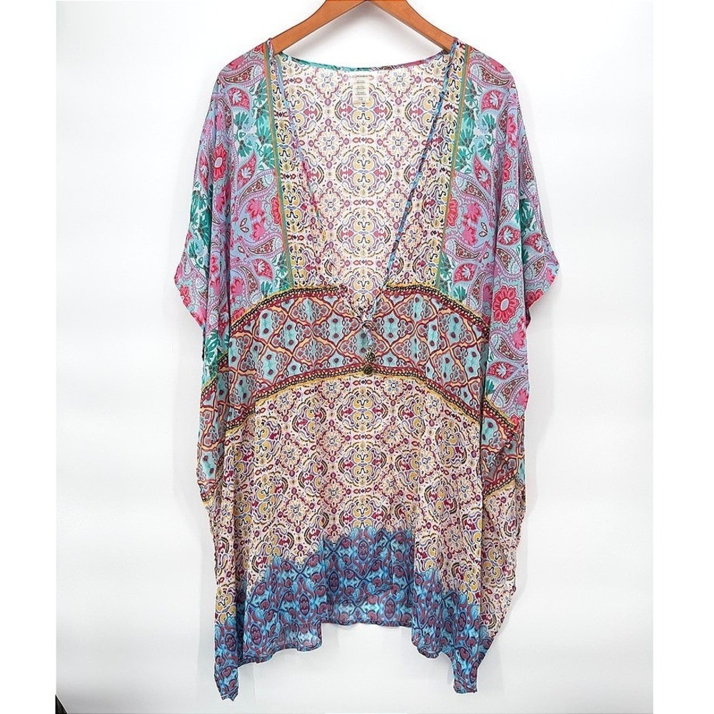 Bleu Rod Beattie Swimsuit Cover Up Paisley Boho Beach Kaftan Kimono Style Large
